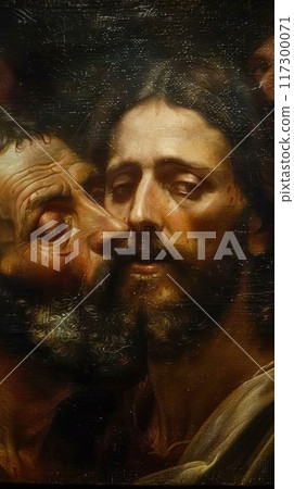 The kiss of judas: dramatic portrayal captures biblical betrayal, tension, and conflict as judas iscariot betrays jesus with a kiss, symbolizing spiritual depth and iconic christian symbolism The kiss of judas: dramatic portrayal captures biblical betrayal, tension, and conflict as judas iscariot betrays jesus with a kiss, symbolizing spiritual depth and iconic christian symbolism 117300071