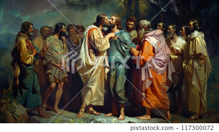 The kiss of judas: dramatic portrayal captures biblical betrayal, tension, and conflict as judas iscariot betrays jesus with a kiss, symbolizing spiritual depth and iconic christian symbolism The kiss of judas: dramatic portrayal captures biblical betrayal, tension, and conflict as judas iscariot betrays jesus with a kiss, symbolizing spiritual depth and iconic christian symbolism 117300072