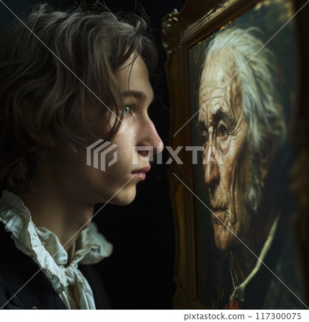 Young man standing next to his aging portrait: the mystique of the composition, where the painting conceals his old years, enabling him to endure in eternal youthfulness, 117300075