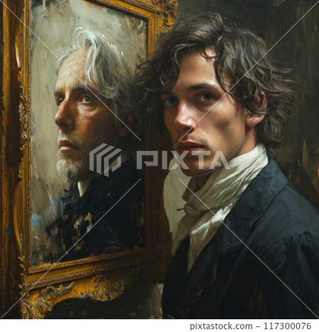 The enigmatic young man, poised beside his aging portrait, sparks a mystical tale of eternal charm and hidden enigma, painting concealing his aging years, wrapped in an enigmatic shroud of mystery. 117300076