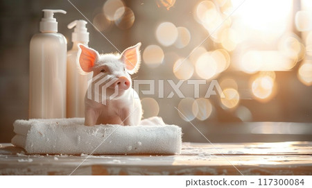 Adorable spa pig: cute and pampered pig enjoying relaxing spa treatments, a charming and delightful scene of animal wellness and indulgence, perfect for showcasing relaxation and cuteness Adorable spa pig: cute and pampered pig enjoying relaxing spa treatments, a charming and delightful scene of animal wellness and indulgence, perfect for showcasing relaxation and cuteness 117300084