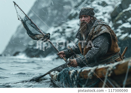 Valhalla echoes - portrait viking lifestyle, delving into traditions and customs of norsemen, exploring their warrior ethos, communal living, and the profound influence of their mythological beliefs. 117300090