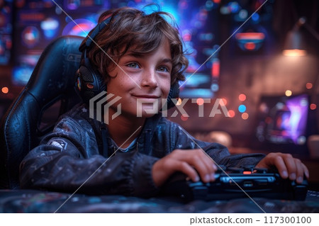 Joyful youth - a delighted child engaged in video gaming, showcasing excitement and immersive experience of digital play, emphasizing fun and interactive nature of electronic entertainment. 117300100