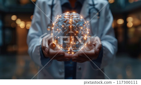 Advanced medicine: doctor holding a hologram of a brain, showcasing medical concepts, neurological disease training, with a focus on psychology, medical technology, and disease management 117300111