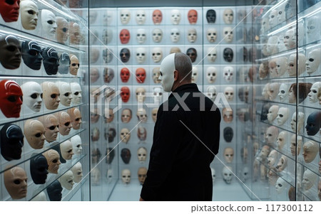 Masked identities: navigates emotional masks, expressions, how face aligns with their psychological state, contemplating impact pretending versus authenticity in personal roles, social interactions. 117300112