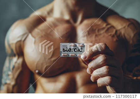Steroids in the hands of a man - ethical and health implications surrounding performance-enhancing substances, highlighting the complex relationship between athleticism and substance use. 117300117