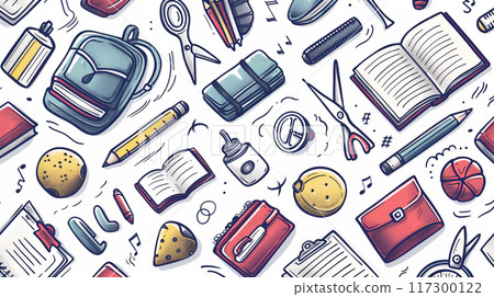 學校塗鴉無縫圖案、背景與書寫用具和創意元素 117300122