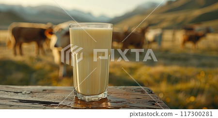 Pastoral charm abounds as a gentle cow grazes in lush meadow, accompanied by milk bottle and glass, an evocative portrayal of countryside serenity and wholesome dairy delights. Pastoral charm abounds as a gentle cow grazes in lush meadow, accompanied by milk bottle and glass, an evocative portrayal of countryside serenity and wholesome dairy delights. 117300281