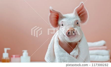 Adorable spa pig: cute and pampered pig enjoying relaxing spa treatments, a charming and delightful scene of animal wellness and indulgence, perfect for showcasing relaxation and cuteness Adorable spa pig: cute and pampered pig enjoying relaxing spa treatments, a charming and delightful scene of animal wellness and indulgence, perfect for showcasing relaxation and cuteness 117300282