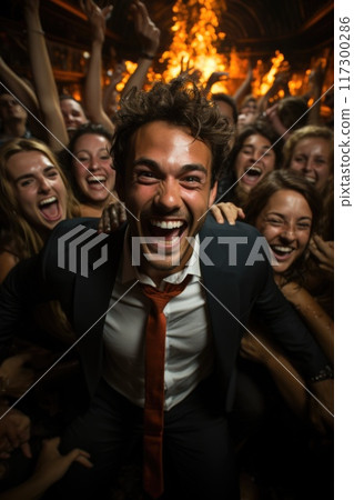 Celebration in the workplace - corporate party fun, team bonding, lively entertainment, joy of colleagues coming together to celebrate achievements and foster a positive work environment. 117300286