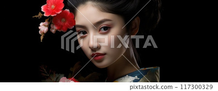 Timeless poise - portrait geisha, serene and dignified expression, delicate balance of grace and strength, portraying exquisite craftsmanship of kimono, accessories in japanese cultural tradition. Timeless poise - portrait geisha, serene and dignified expression, delicate balance of grace and strength, portraying exquisite craftsmanship of kimono, accessories in japanese cultural tradition. 117300329
