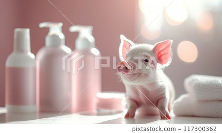 Adorable spa pig: cute and pampered pig enjoying relaxing spa treatments, a charming and delightful scene of animal wellness and indulgence, perfect for showcasing relaxation and cuteness 117300362