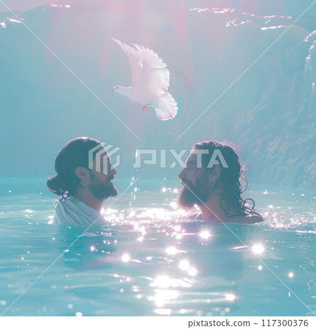 Sacred immersion: baptism of Jesus - John baptizes Jesus in the Jordan river, marking a pivotal moment of spiritual cleansing and divine affirmation. Sacred immersion: baptism of Jesus - John baptizes Jesus in the Jordan river, marking a pivotal moment of spiritual cleansing and divine affirmation. 117300376