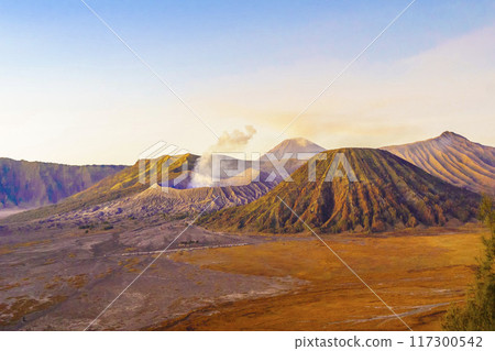 Dramatic sunrise over Mount Bromo, showcasing its volcanic cone. 117300542