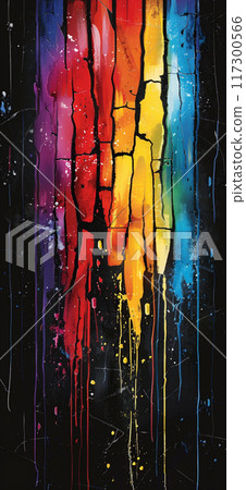 碎玻璃和彩色垂直線條圖案，黑色背景上的抽象插圖 117300566