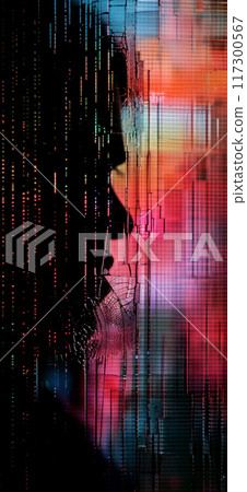 碎玻璃和彩色垂直線條圖案，黑色背景上的抽象插圖 117300567