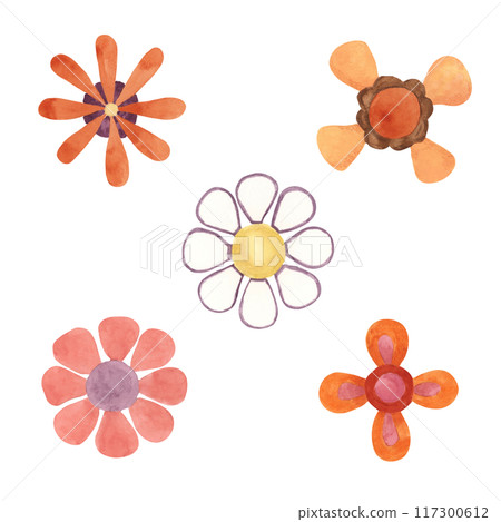 Retro flowers in minimalistic abstract 70s style. Hippie boho indie clipart. Watercolor groovy daisy illustration for flower power stickers, nostalgic designs, flyers, printing, quotes, cartoon style 117300612