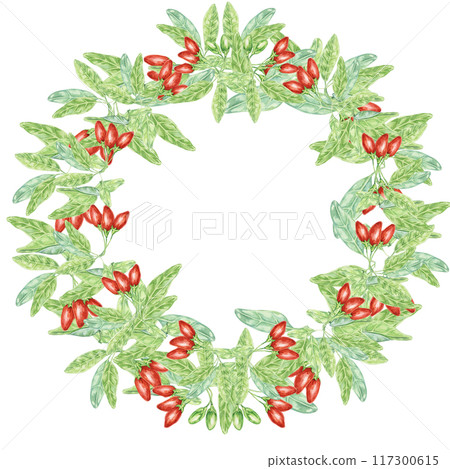 Red goji berries and green leaves full round wreath . Hand-drawn watercolor illustration. Frame design isolated for DIY printing, greeting card, quote, gift tag, label, scrapbooking, circle template Red goji berries and green leaves full round wreath . Hand-drawn watercolor illustration. Frame design isolated for DIY printing, greeting card, quote, gift tag, label, scrapbooking, circle template 117300615