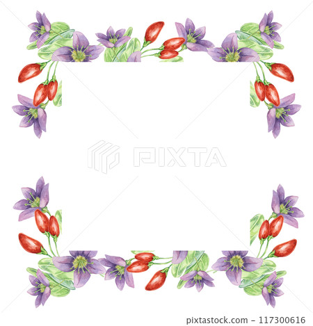 Red goji berries, lilac flowers and green leaves square frame design. Hand-drawn watercolor illustration for DIY printing, greeting card making, quote, gift tag, label, postcard, flyer template Red goji berries, lilac flowers and green leaves square frame design. Hand-drawn watercolor illustration for DIY printing, greeting card making, quote, gift tag, label, postcard, flyer template 117300616