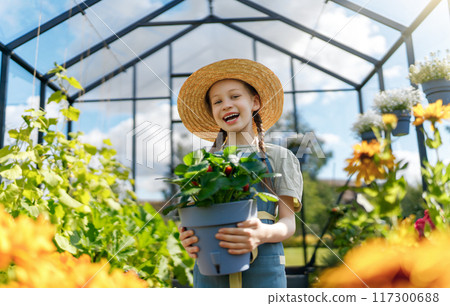 child is gardening in the greenhouse 117300688