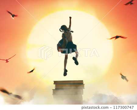 child on the tower of books 117300747