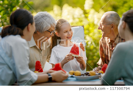 family spending time together in summer morning 117300794