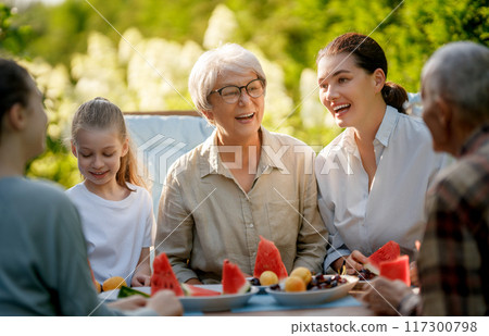family spending time together in summer morning 117300798