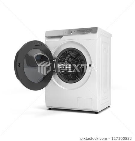 New open modern Washing machine perspective view 3D render on white New open modern Washing machine perspective view 3D render on white 117300823