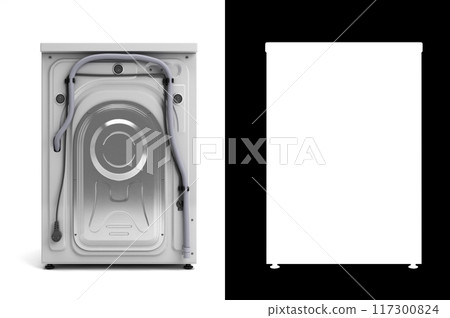 New modern Washing machine back view 3D render on white with alpha New modern Washing machine back view 3D render on white with alpha 117300824