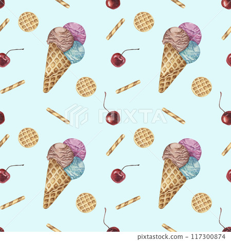 Ice cream cones, waffles and cherries watercolor seamless pattern. Whimsical hand painted clipart for textiles, wallpaper, packaging. Sweet dessert theme fabric for summer decor and scrapbooking Ice cream cones, waffles and cherries watercolor seamless pattern. Whimsical hand painted clipart for textiles, wallpaper, packaging. Sweet dessert theme fabric for summer decor and scrapbooking 117300874