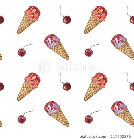 Ice cream cones, waffles and cherries watercolor seamless pattern. Whimsical hand painted clipart for textiles, wallpaper, packaging. Sweet dessert theme fabric for summer decor and scrapbooking 117300876