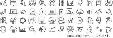 關於資料分析的向量單色線繪製圖示集 117301310