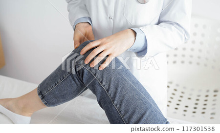 Doctor and patient are at the medical inspection in clinic. Orthopedic examines the knee of a young woman. Medicine concept Doctor and patient are at the medical inspection in clinic. Orthopedic examines the knee of a young woman. Medicine concept 117301538