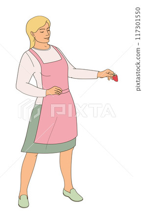 standing woman in an apron with strawberries in hand standing woman in an apron with strawberries in hand 117301550