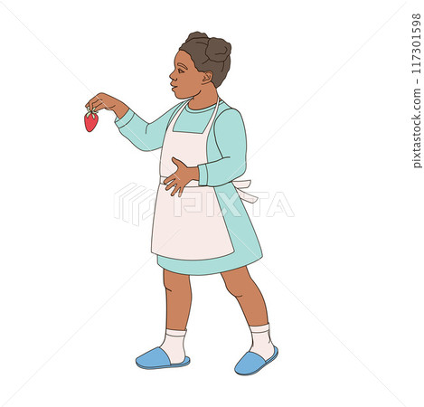 African American girl walks with a strawberries in his hands African American girl walks with a strawberries in his hands 117301598