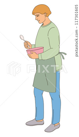 standing man in apron with bowl and spoon standing man in apron with bowl and spoon 117301605