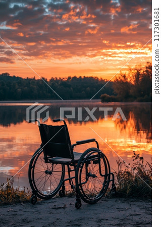 Serene Lake Sunset with Empty Wheelchair, Perfect for Accessibility and Inclusive Travel Concepts Generative AI 117301681