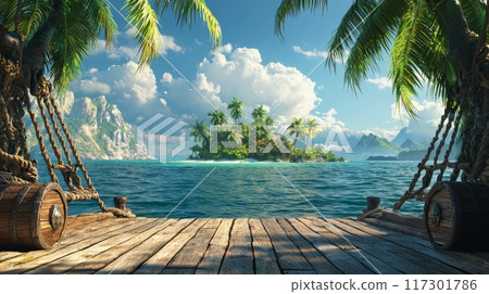 Pirate Ship's Deck View of a Tropical Island with Hidden Treasure Chest Generative AI Pirate Ship's Deck View of a Tropical Island with Hidden Treasure Chest Generative AI 117301786