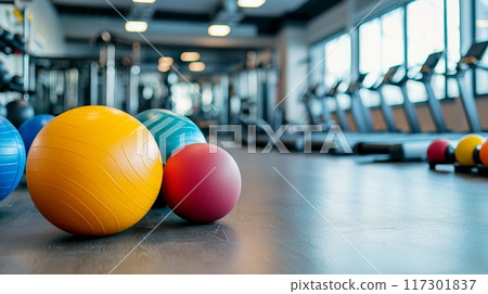 Fitness Equipment and Exercise Ball in Gym for Workout and Wellness Generative AI 117301837