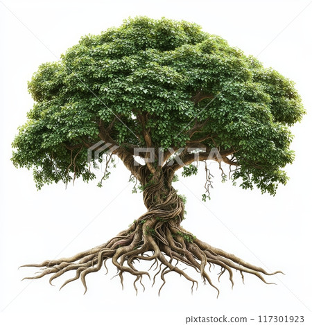 Detailed Jungle Tree with Extensive Roots and Vines Isolated on White Background, Perfect for Nature and Ecology Concepts Generative AI 117301923