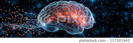 Brain Degeneration Concept, 3D Rendering of Brain with Synapse, Potential usecase for Medical and Scientific Illustrations Generative AI 117301945