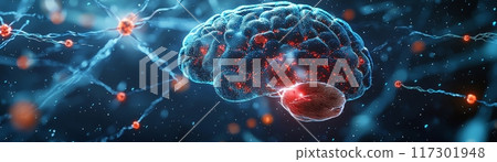 Brain Degeneration Concept, 3D Rendering of Brain with Synapse, Potential usecase for Medical and Scientific Illustrations Generative AI 117301948