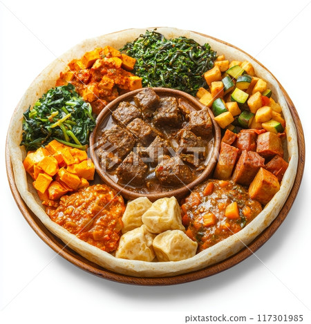 Traditional Ethiopian Injera with Spicy Stews and Vegetables, Isolated on White Background Generative AI 117301985