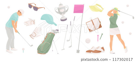 golf players male and female characters and set elements about golf - clubs, shoes, flag, sunglasses, competition cup, gloves, golf bag, ball, clash notebook 117302017
