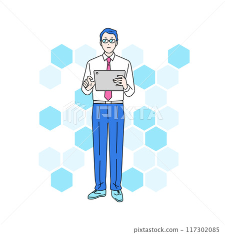 Illustration of a strict male administrator operating a tablet Illustration of a strict male administrator operating a tablet 117302085