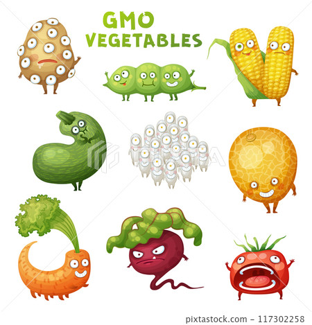 GMO Monster Vegetable Illustrations Set. Cartoon Vector Funny Character Icon Isolated on White Background 117302258