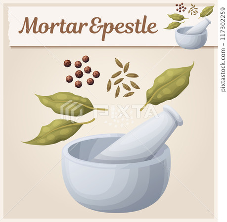 Mortar and pestle with spices and herbs illustration. Cartoon vector food icon Mortar and pestle with spices and herbs illustration. Cartoon vector food icon 117302259