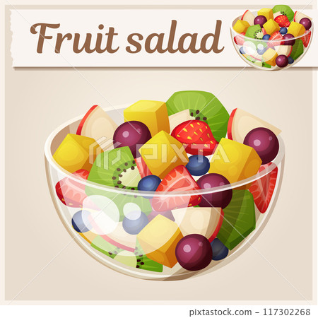 Fruit salad cartoon vector illustration. Summer salad with kiwi, mango, strawberry, blueberry, red apple, grape ingredients 117302268