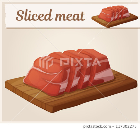Sliced fresh red meat on a wooden board illustration. Cartoon vector food icon 117302273