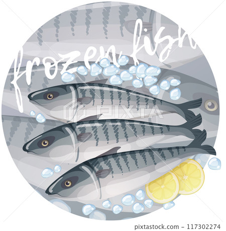 Frozen mackerel fish illustration. Cartoon vector fresh seafood icon on gray gradient background 117302274